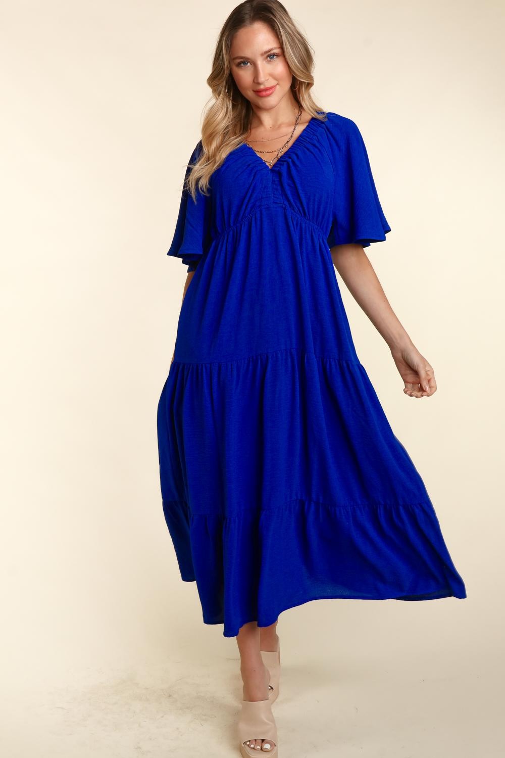 Haptics Royal Tiered Babydoll Maxi Dress with Side Pocket Royal Trendsi