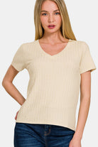 Zenana Ribbed Short Sleeve T-Shirt Sand Beige Trendsi