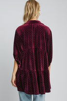 Umgee Burgundy Velvet Beaded Button Up Half Sleeve Tunic Shirts & Tops