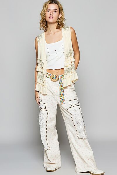 POL Cream Ruffled Open Front Sleeveless Cardigan