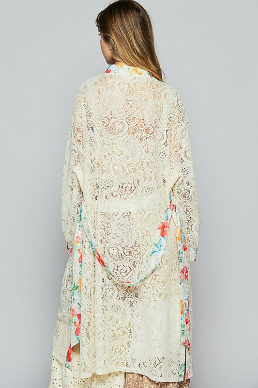 POL Floral Trim Lace Open Front Longline Cardigan in Natural