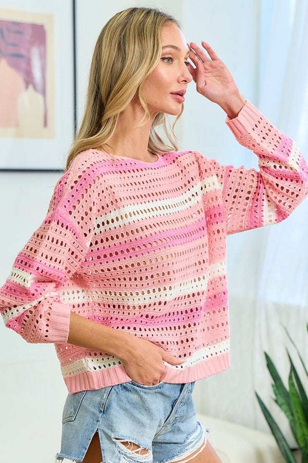 First Love Pink Striped Long Sleeve Openwork Knit Top Trendsi