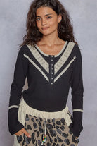 POL Black Ribbed Half Button Lace Detail Knit Top Black