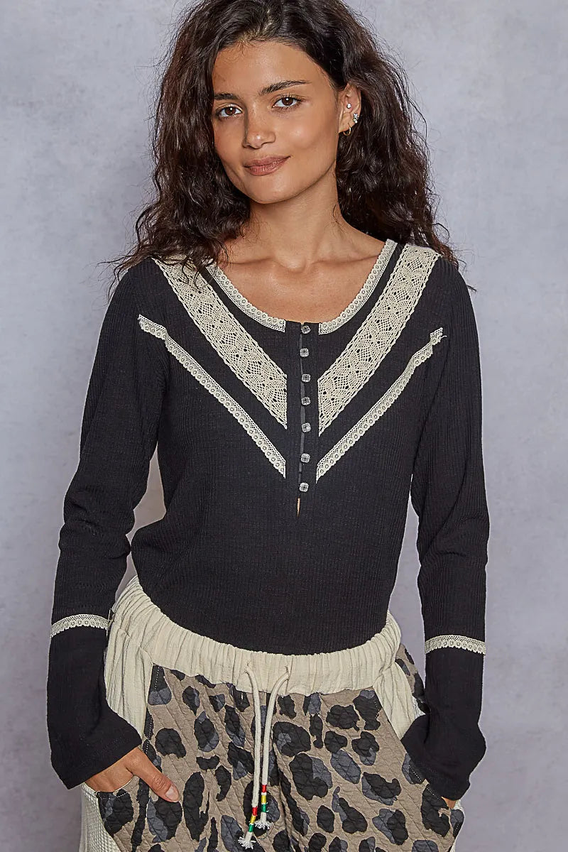 POL Black Ribbed Half Button Lace Detail Knit Top Black
