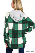 Zenana Hunter Green Plaid Drawstring Hooded Fleece Shacket