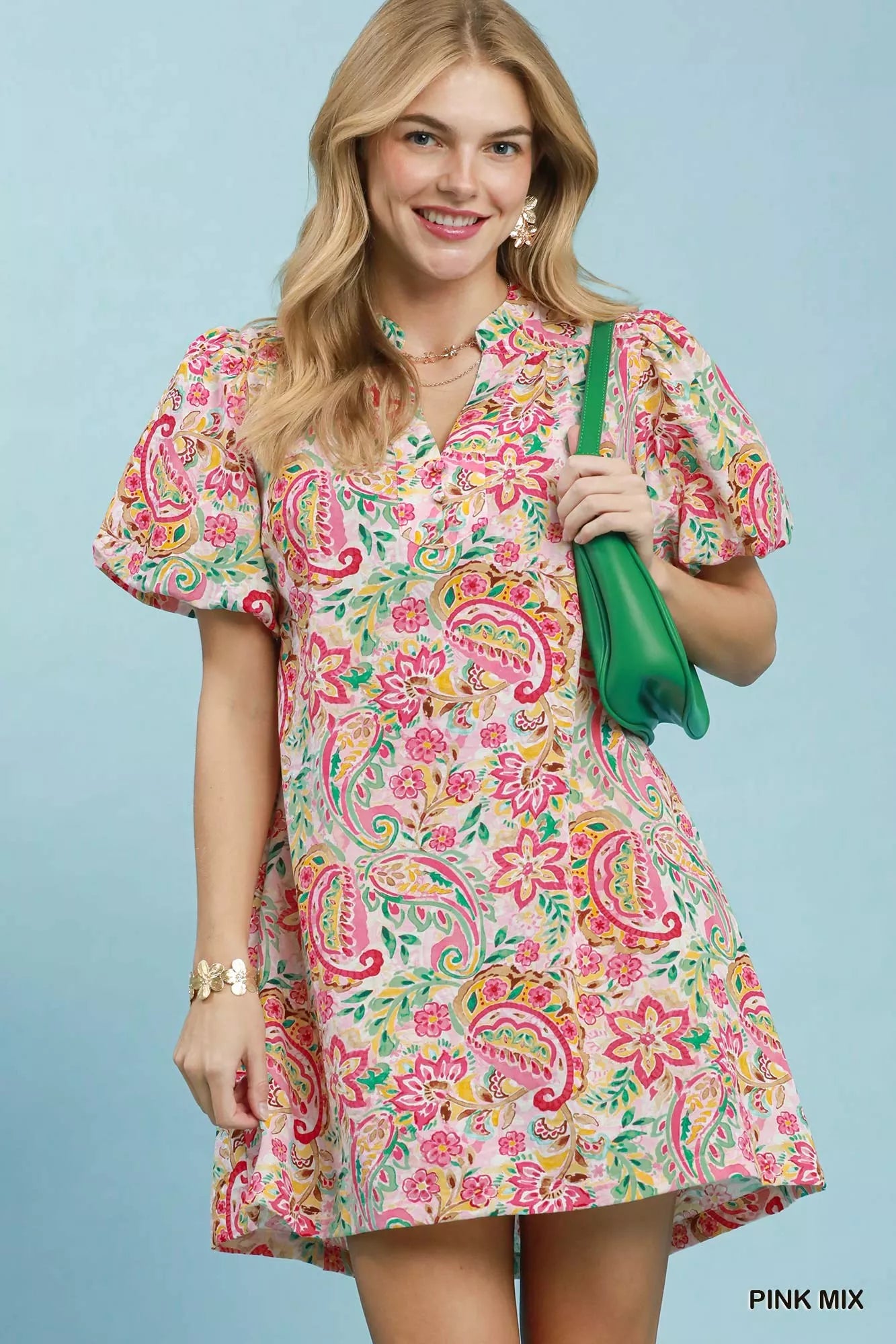 Umgee Pink Mix Paisley Floral Puff Sleeve Shift Dress PINK MIX