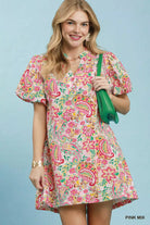 Umgee Pink Mix Paisley Floral Puff Sleeve Shift Dress PINK MIX