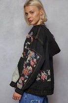 POL Vintage Washed Black Floral and Lace Patch Hooded Jacket