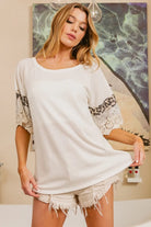 BiBi Ivory Waffle Knit Leopard Blocking with Crochet Lace
