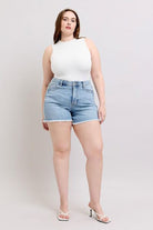 Judy Blue Light Washed Tummy Control Raw Hem Denim Shorts