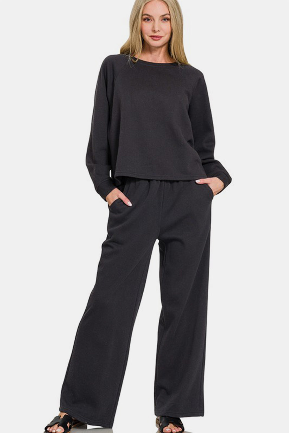 Zenana Black Fleece Round Neck Raglan Sleeve Top and Elastic Waist Pants Set Black Loungewear