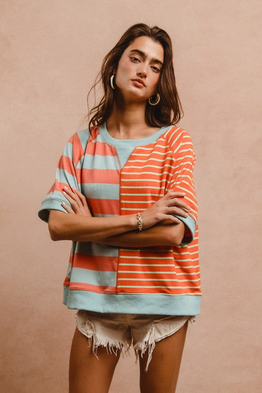 BiBi Striped Coral Round Neck Half Sleeve French Terry Top