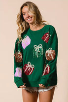 BiBi Green Sequin Christmas Gift Box Embroideries Pullover GREEN