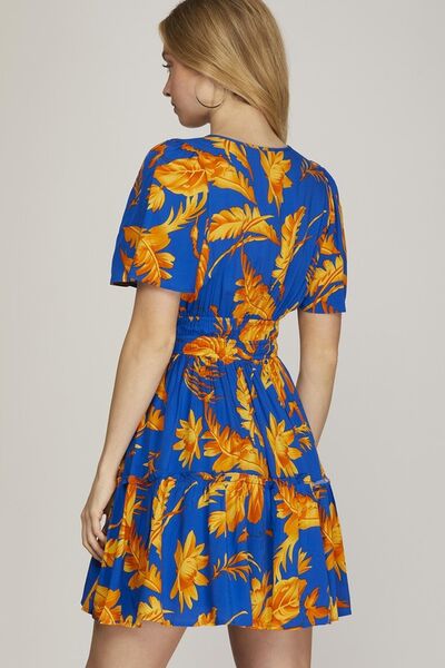 She + Sky Royal Blue Printed Notched Short Sleeve Frill Tiered Dress Plus Size