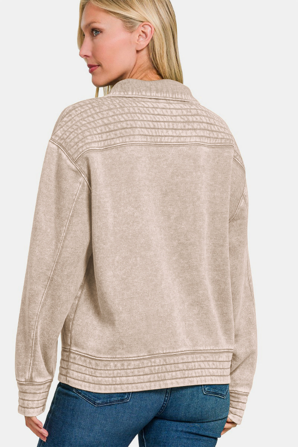 Zenana Ash Mocha Acid Washed Half Snap Fleece Sweatshirt