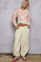 POL Cream & Pink V-Neck Heart Pattern Checkered Sweater