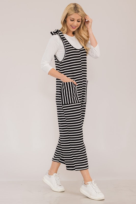 Celeste Black Striped Scoop Neck Overalls with Pockets