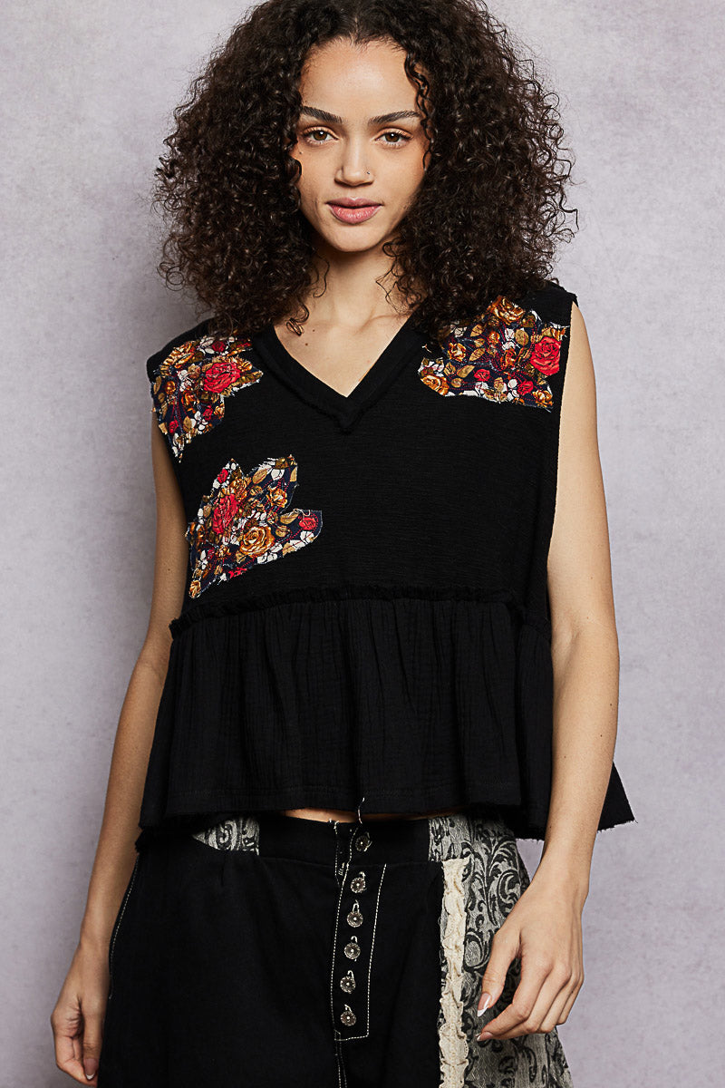 POL Black Floral Patch Ruffled Sleeveless Top with Raw Edge Detail