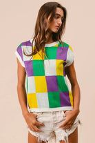 BiBi Mardi Gras Checker Pattern Sleeveless Sweater Top
