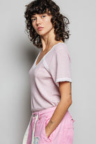 POL Baby Pink Lace Detail V-Neck Short Sleeve Textured T-Shirt