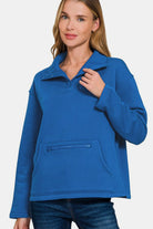 Zenana Royal Blue Turtleneck Half Snap Fleece Sweatshirt Royal Blue Shirts & Tops