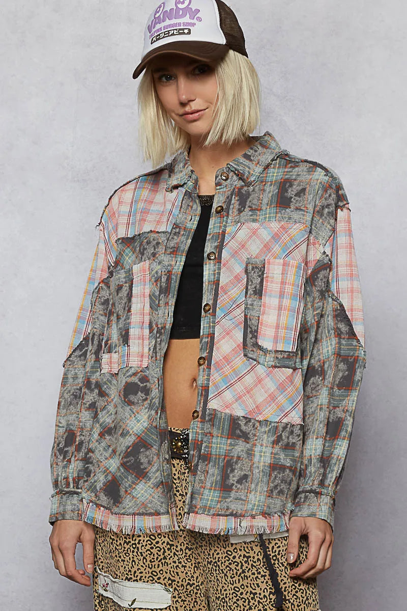 POL Plaid Patchwork Long Sleeve Shirt with Raw Edge Detail Air Force Blue