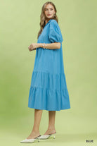 Umgee Blue Solid Tiered Midi Dress