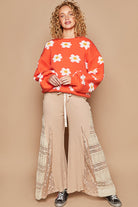 POL Sun Orange Daisy Pattern Drop Shoulder Balloon Sleeve Sweater Trendsi