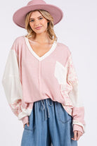 SAGE + FIG Blush Pink Floral Long Sleeve V-Neck Waffle Knit Top Blush Pink