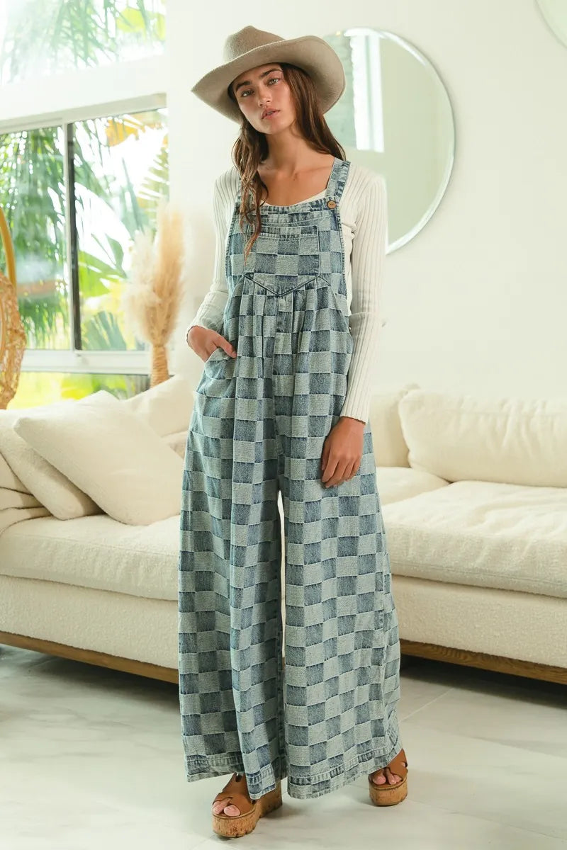 BiBi Denim Washed Vintage Checker Wide Legs Overalls
