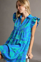 Umgee Blue Floral Print Ruffle Cap Sleeve Tiered Dress Blue