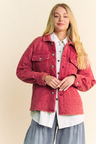 Davi & Dani Brick Mineral Washed Quilted Button Down Shacket with Chest Pockets Coats & Jackets