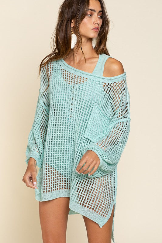 POL Oversized Fit See-through Pullover Sweater PARADISE GREEN POL