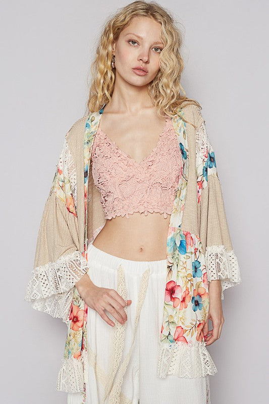 POL Floral Crochet Detail Open Front 3/4 Sleeve Cardigan Tan