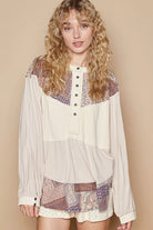POL Oatmeal Half Button Balloon Sleeve Top with Printed Knit Contrast