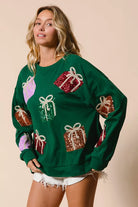 BiBi Green Sequin Christmas Gift Box Embroideries Pullover