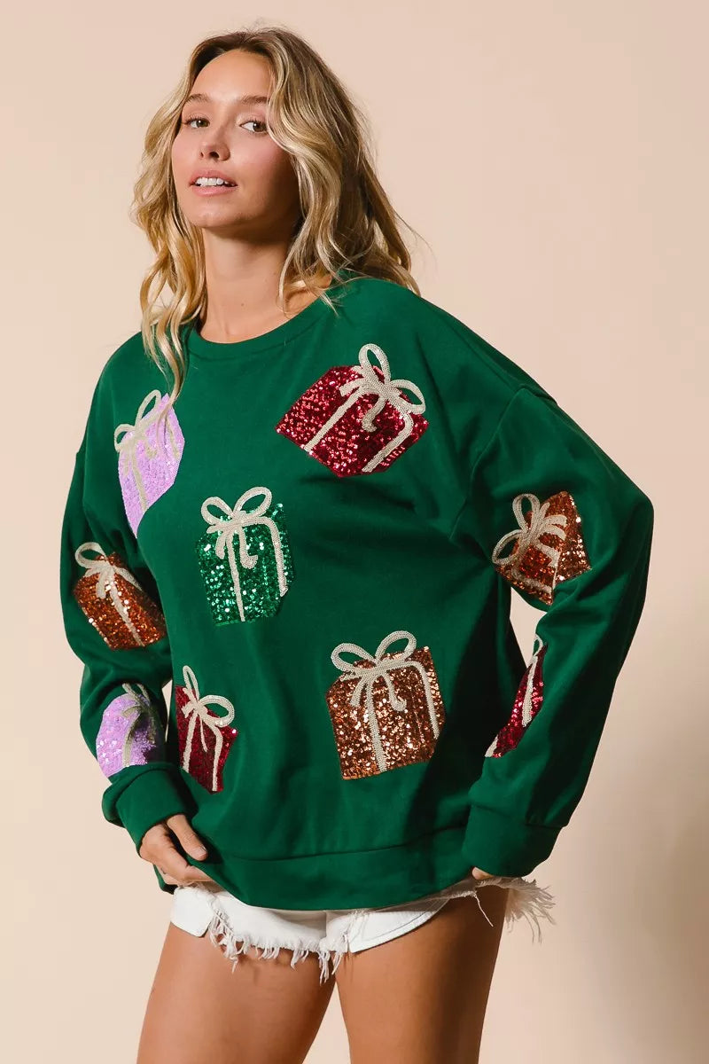 BiBi Green Sequin Christmas Gift Box Embroideries Pullover