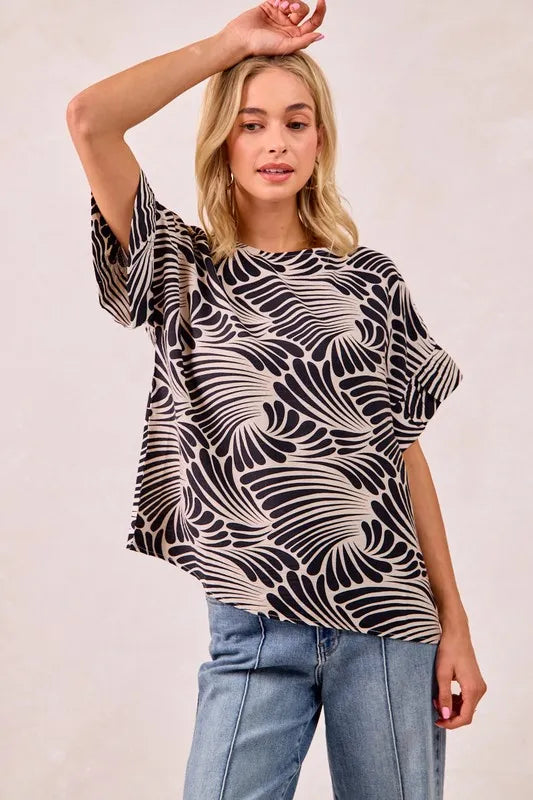 BiBi Black Print Woven Ruffled Sleeves Top