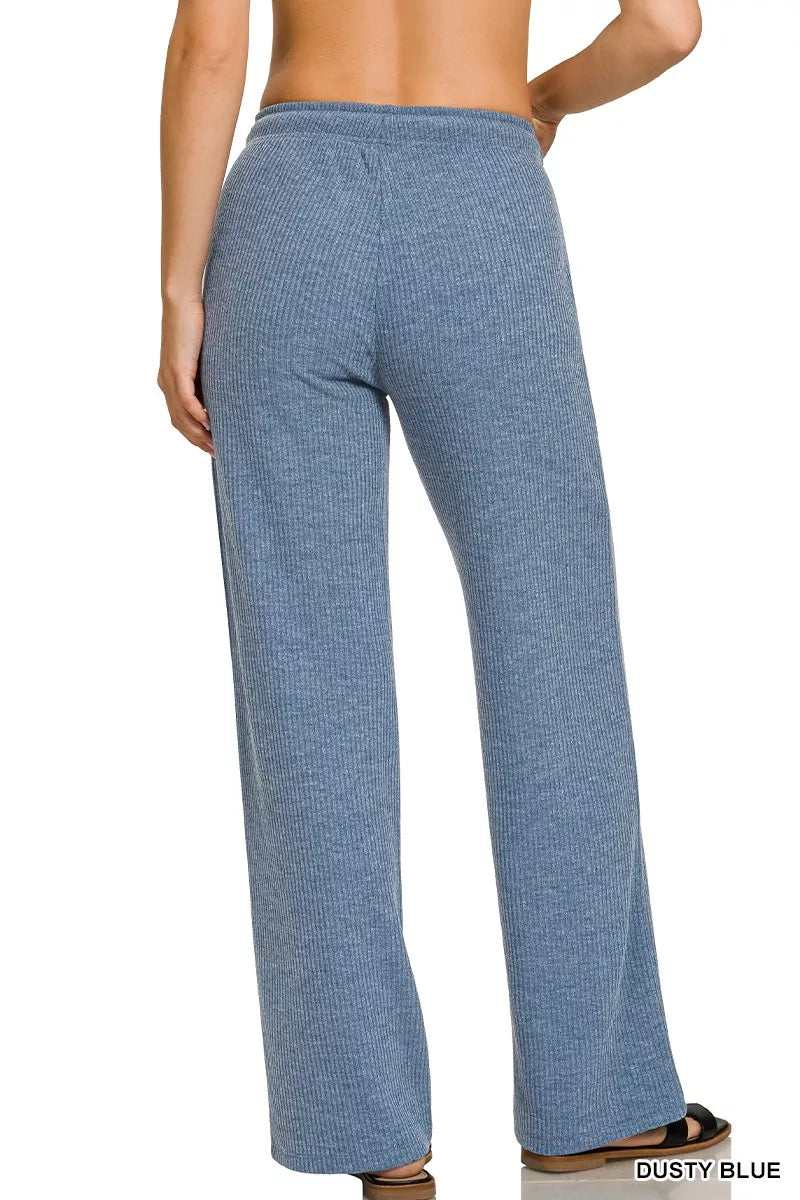 Zenana Dusty Blue Ribbed Drawstring Lounge Pants