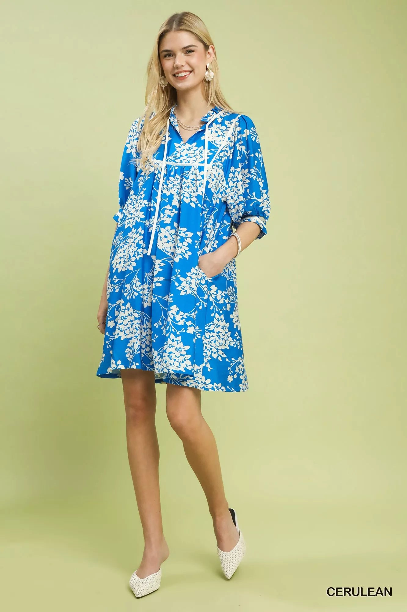 Umgee Cerulean Floral Babydoll Dress with Pockets