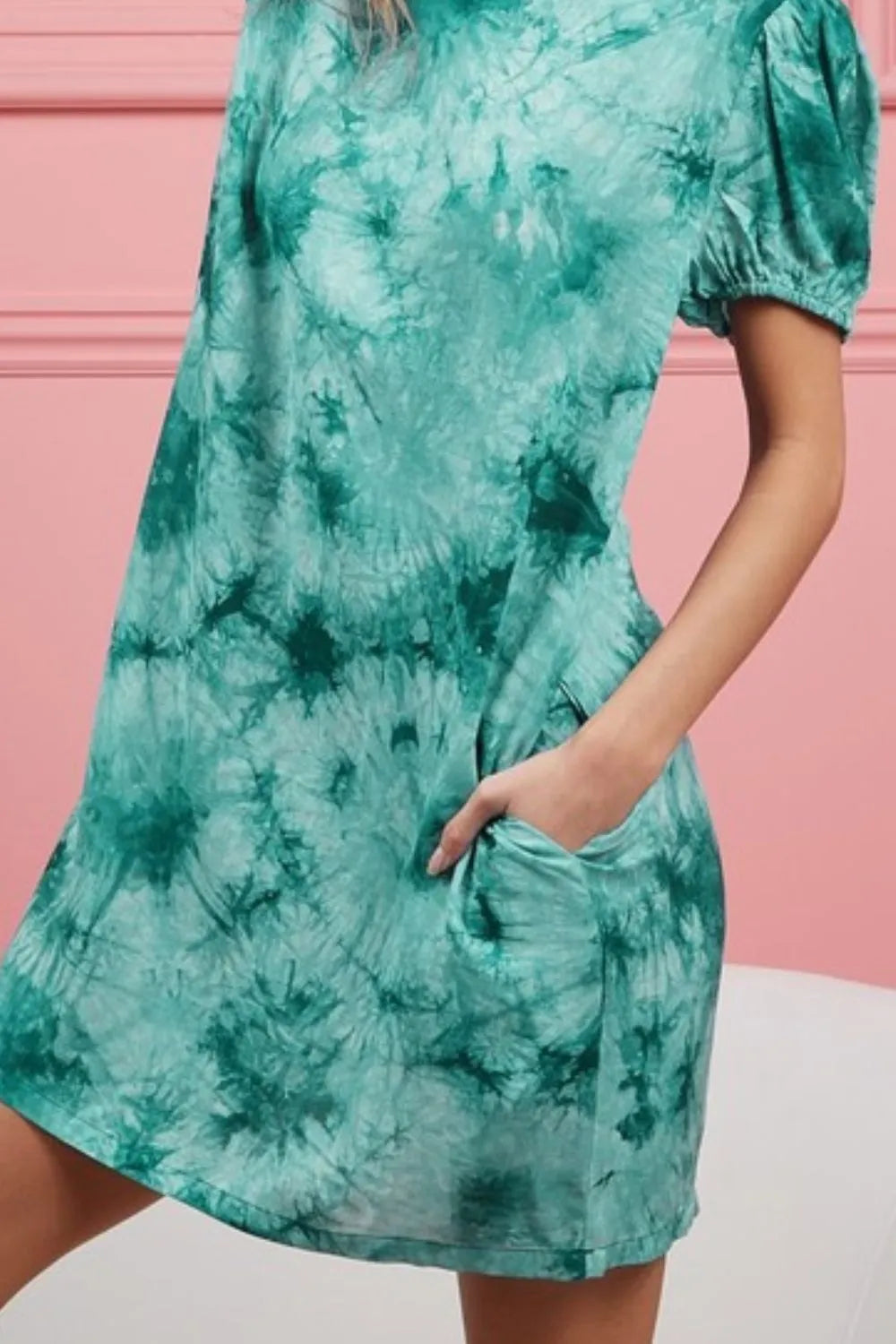 BiBi Puff Sleeve With Side Pockets Jade Tie Dye Dress