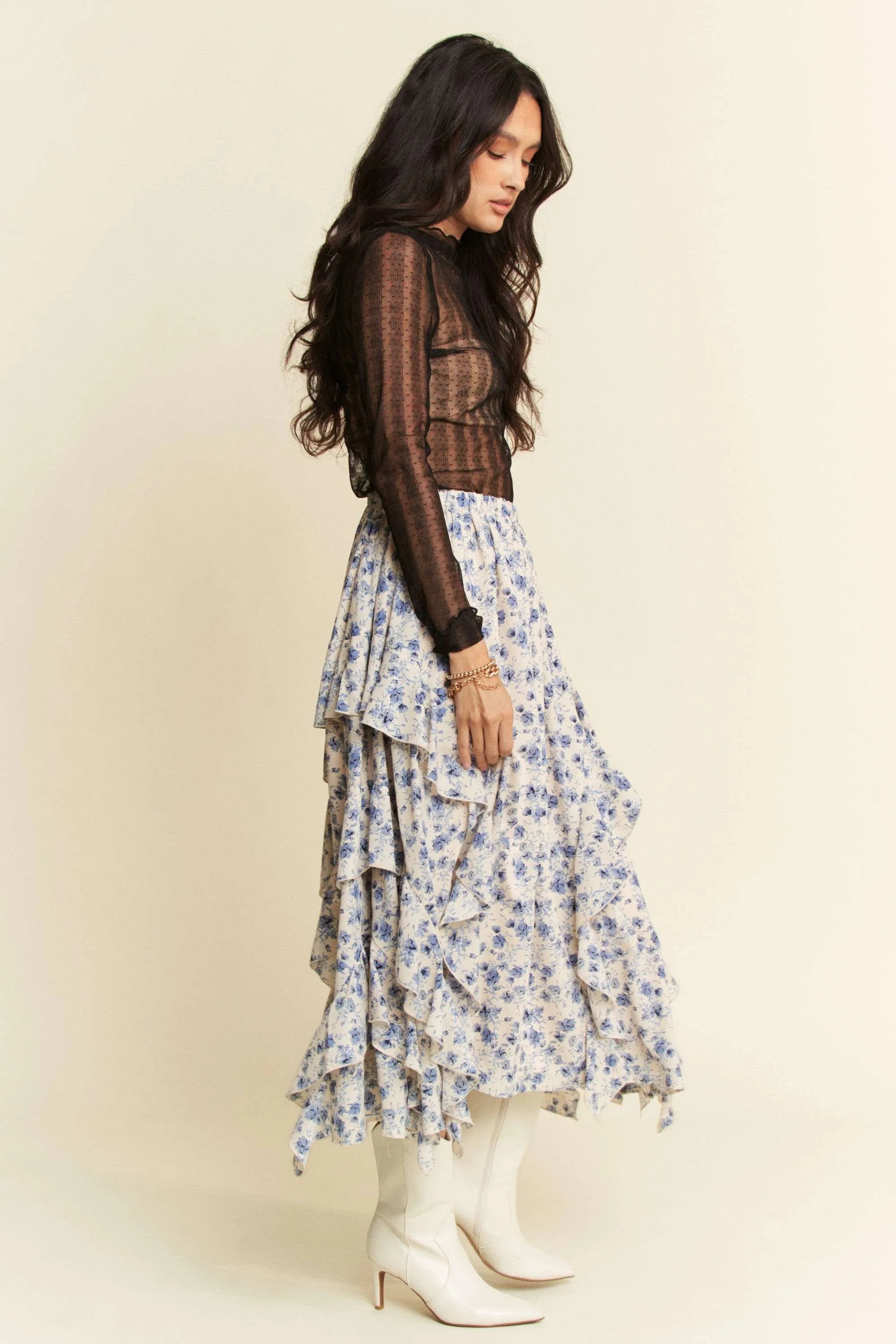 Davi & Dani Black Turtle Neck Lace Dotted Stretch Mesh Sheer Top