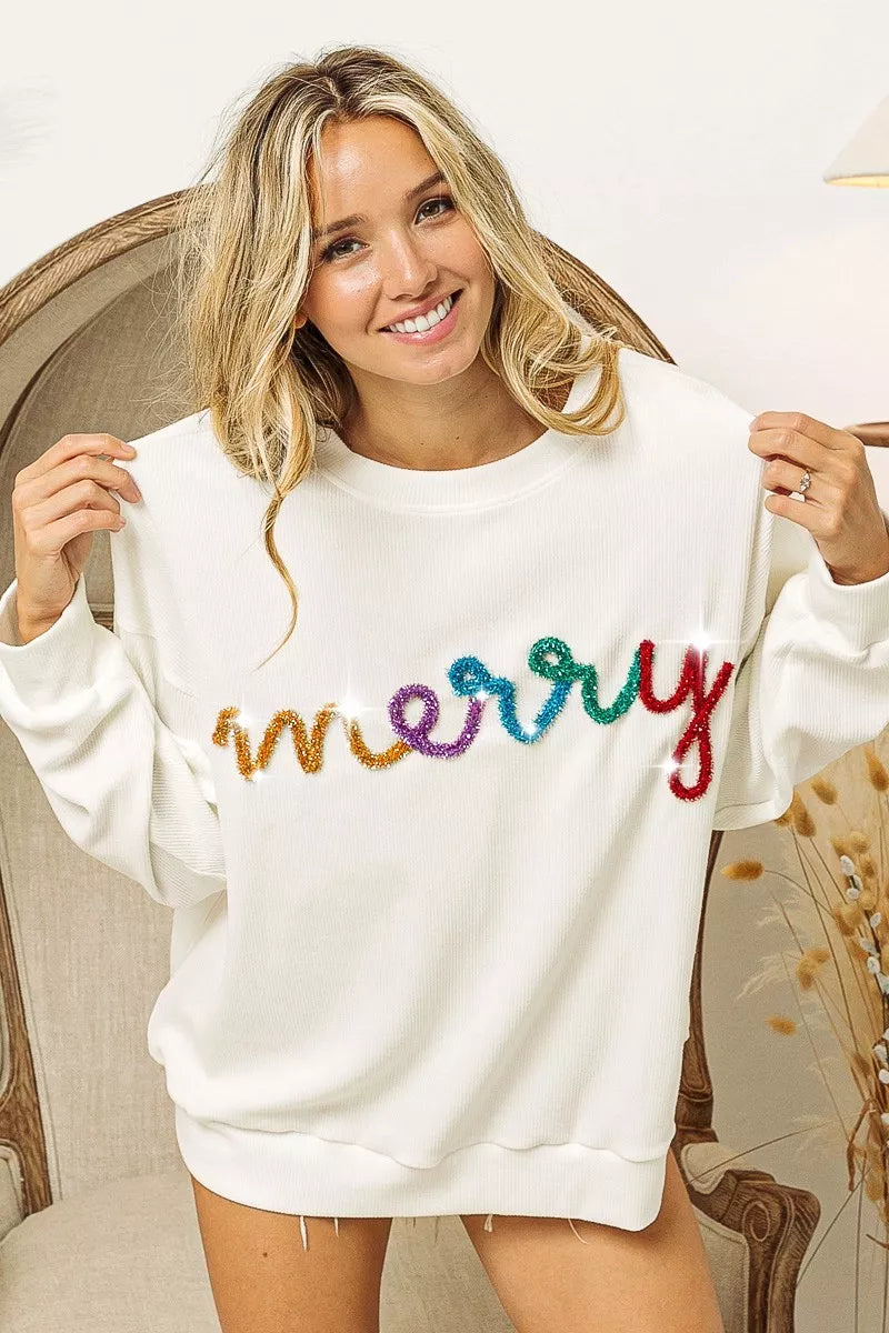 BiBi White Merry Tinsel Multi Lettering Drop Shoulder Sweatshirt WHITE MULTI