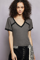 POL Charcoal Lace Detail V-Neck Short Sleeve Textured T-Shirt