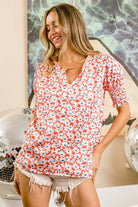BiBi Floral Jacquard Smoked Puff Sleeves V Neck Top