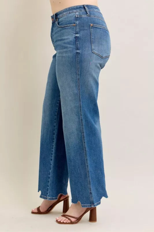 Judy Blue Medium Washed High Waist Tummy Control Chew Hem Destroyed Wide Jeans