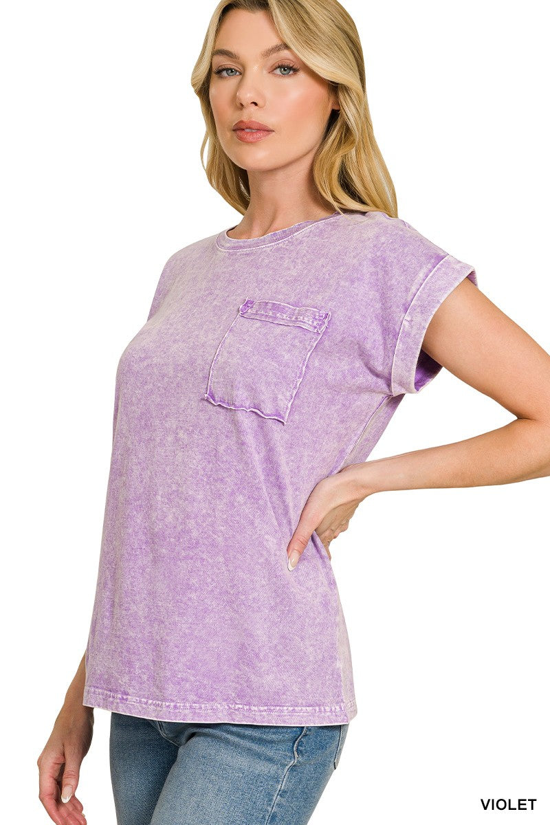 Zenana Violet Halo Snow Washed Cuffed Short Sleeve Tee