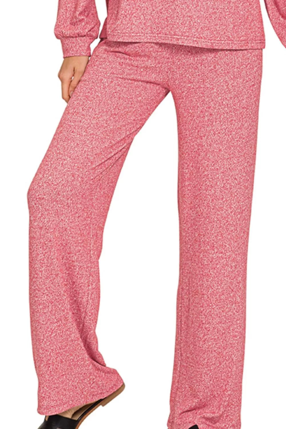 Zenana Dark Red Soft Melange Long Sleeve Tee & Pants Set