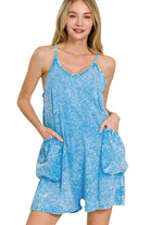 Zenana Deep Sky Acid Crinkle Washed Spaghetti Strap Romper DEEP SKY