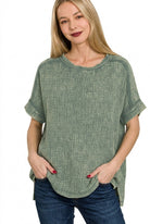 Zenana Ash Jade Acid Washed Double Gauze Round-neck Tee